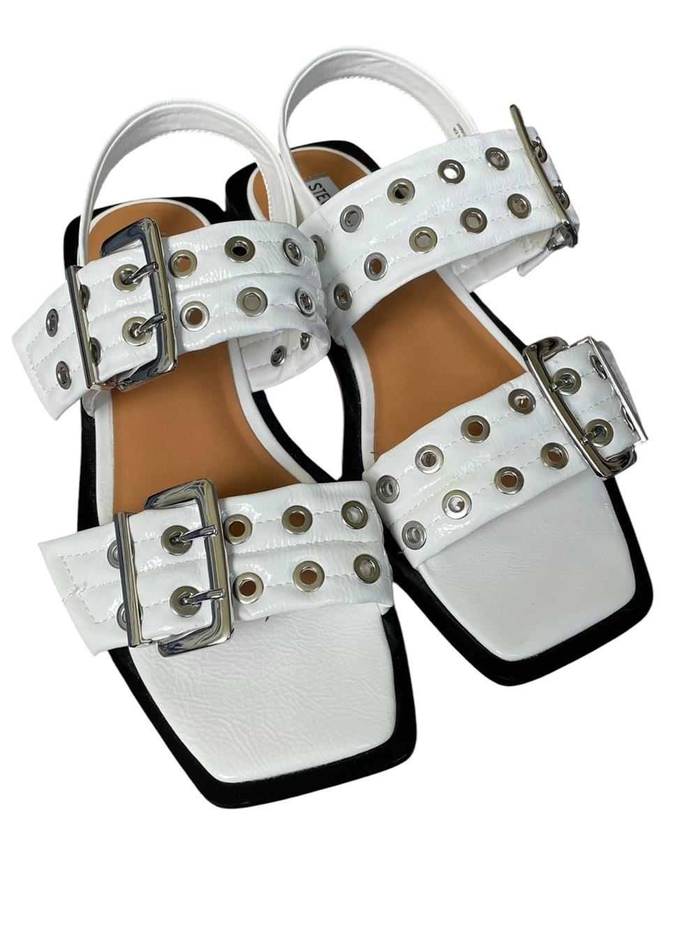 Steve Madden Sandria White Double-Buckle Stud Sandals